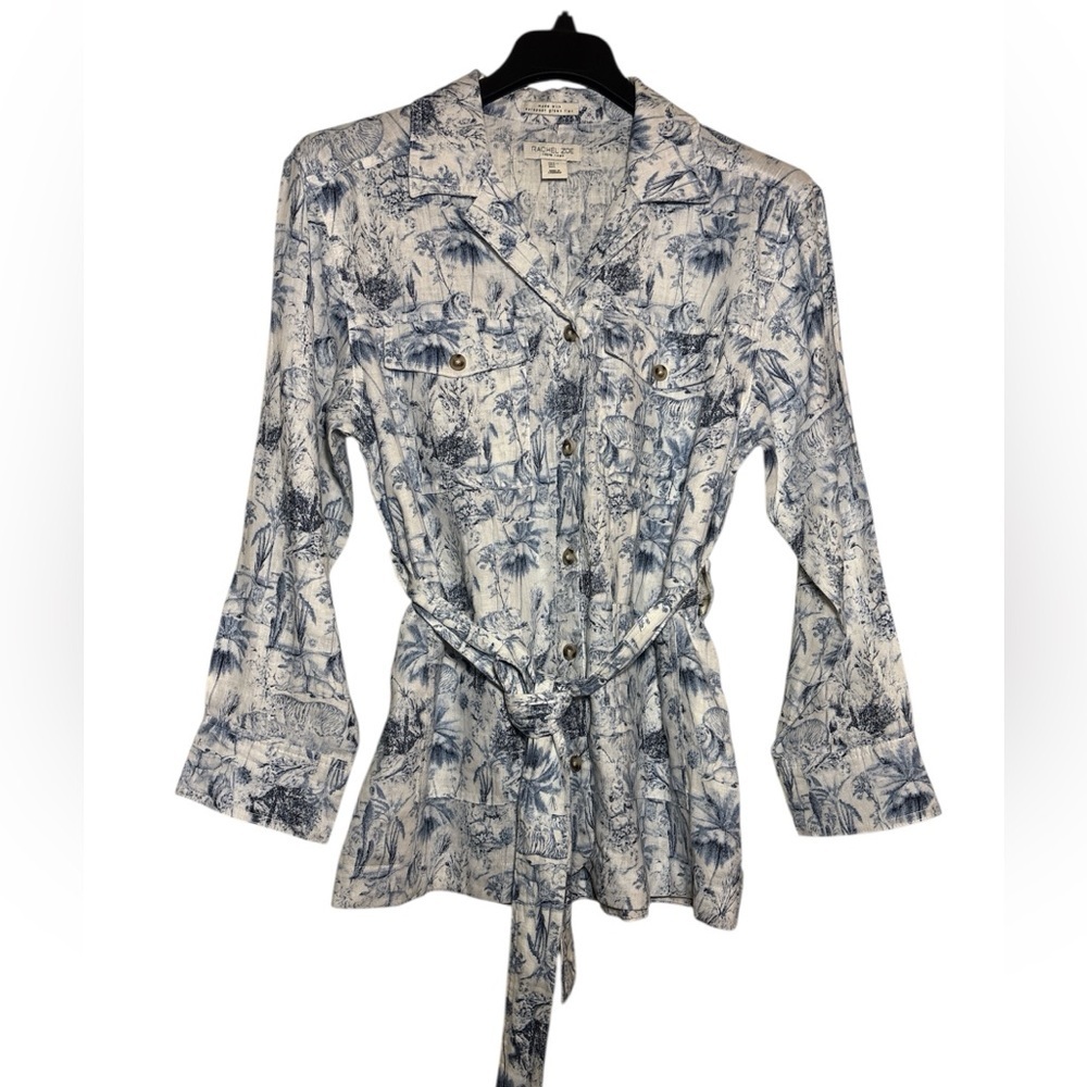Rachel Zoe Safari Print Belted Button-Down Top Blue White Women’s Size S White